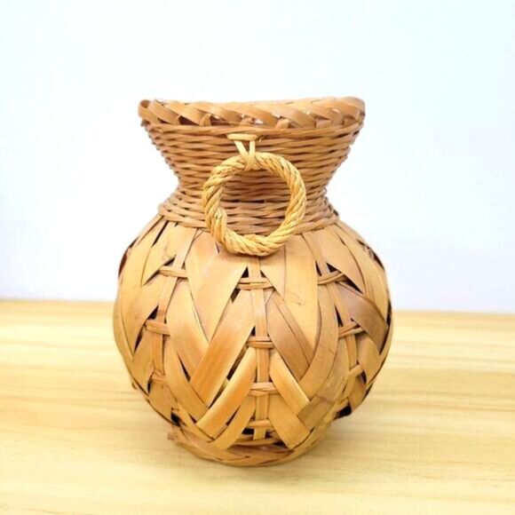 Vintage Rattan Bamboo Wicker Boho Vase - Picture 2 of 12